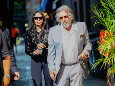 NEW YORK, NEW YORK - AUGUST 24: Noor Alfallah and Al Pacino arrive for a music video shoot with Bad Bunny on August 24, 2023 in New York City. (Photo by Gotham/GC Images)