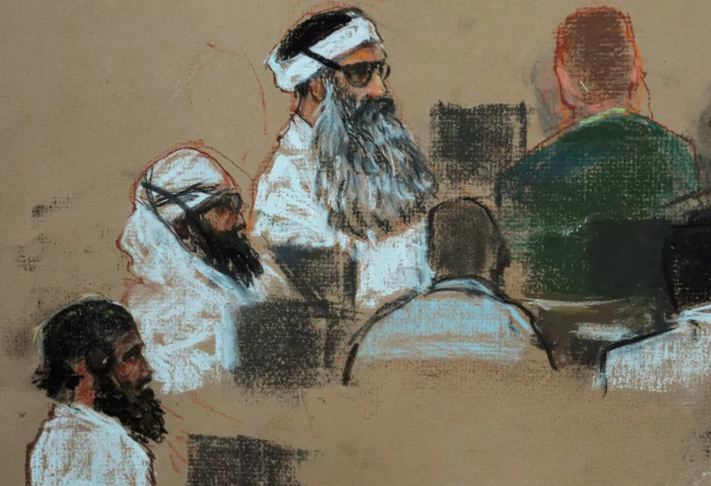 A courtroom drawing by artist Janet Hamlin, reviewed by the U.S. military, shows Khalid Sheikh Mohammed (top) and co-defendants Walid bin Attash (2nd from top) and Ramzi Binalshibh (L) attending a pre-trial session in Guantanamo Bay December 8, 2008. The U.S. military resumed pretrial hearings at the Guantanamo naval base on Monday for five accused plotters of the September 11 attacks, even as the pending change in the U.S. administration made it unlikely their trials will be held at the base. REUTERS/Janet Hamlin/Pool  (CUBA)