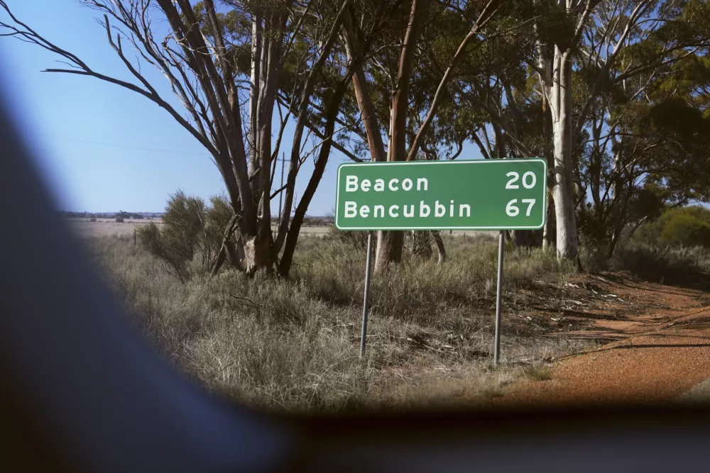 A road sign stands near Beacon, Western Australia, Friday, July 11, 2025, near where missing German backpacker Carolina Wilga was last seen. (ABC News via AP)