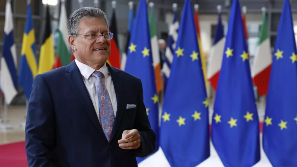 FILE - European Commissioner for Trade and Economic Security Maros Sefcovic arrives for a meeting of EU trade ministers at the European Council building in Brussels, May 15, 2025. (AP Photo/Omar Havana, File)