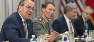 German Defense Minister Boris Pistorius, left, attends a meeting with Secretary of Defense Pete Hegseth, not pictured, at the Pentagon, Monday, July 14, 2025, in Washington. (AP Photo/Mark Schiefelbein)