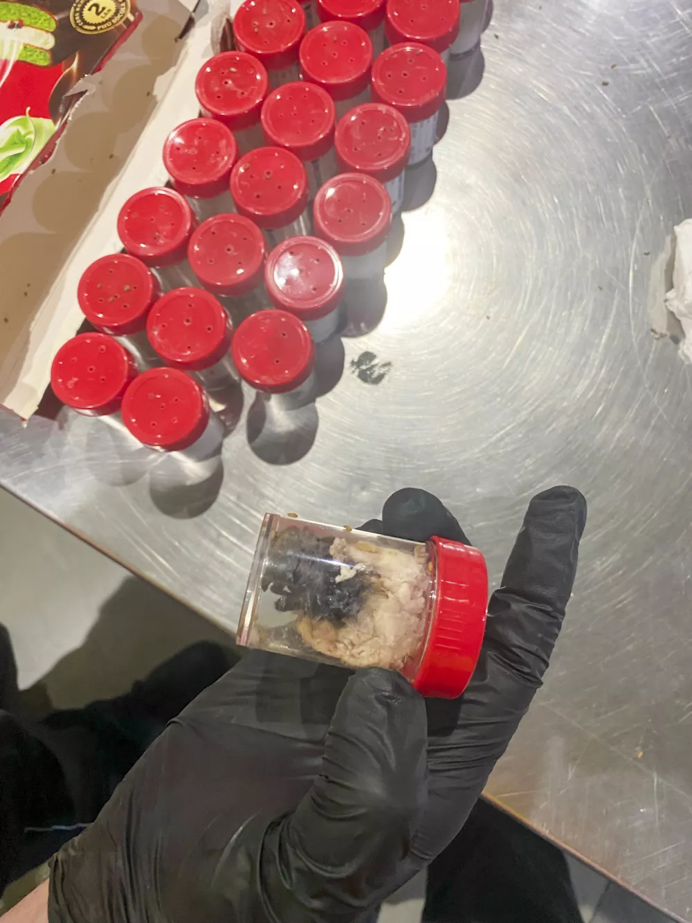 This photo dated June 18, 2025 and provided by the main customs office Cologne, shows plastic containers holding young tarantulas that had been hidden in chocolate sponge-cake boxes shipped to Cologne Bonn airport, western Germany. (Haupzollamt Koeln via AP)