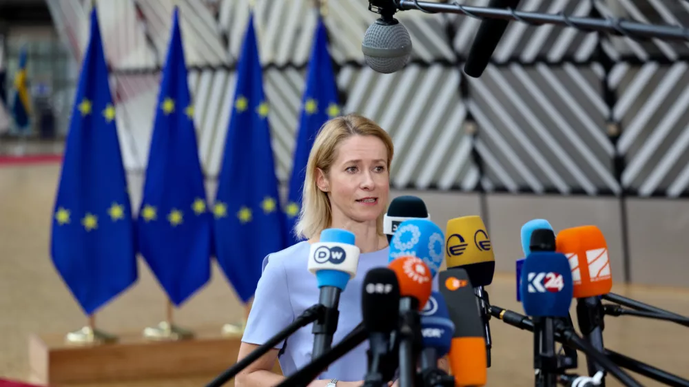 FILED - 22 June 2025, Belgium, Brussels: High Representative of the EU for Foreign Affairs and Security Policy Kaja Kallas speaks to the media upon her arrival to attend the informal breakfast ahead of the EU Foreign Affairs Council. Photo: Alexandros MICHAILIDIS/European Council/dpa - ATTENTION: editorial use only and only if the credit mentioned above is referenced in full