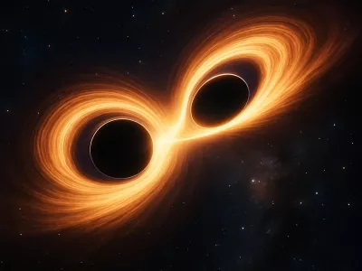 Ilustrativna slika zlitja dveh črnih lukenj. Sliko je ustvarila umetna inteligenca.