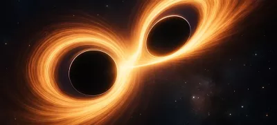 Ilustrativna slika zlitja dveh črnih lukenj. Sliko je ustvarila umetna inteligenca.