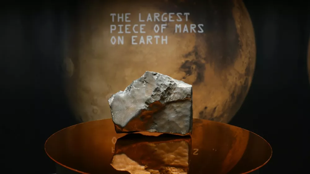 The largest and most valuable piece of Mars on Earth: NWA 16788, newly discovered and not publicly displayed until now, is on display at Sotheby's on Tuesday, July 8, 2025 in New York City. Photo by /UPI,Image: 1019832029, License: Rights-managed, Restrictions:, Model Release: no