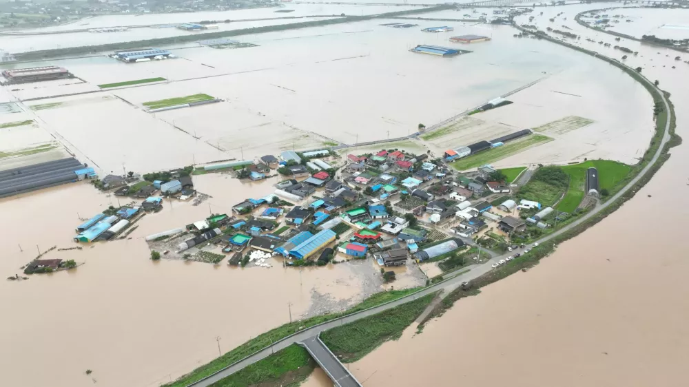 An aerial view of flooding caused by torrential rain in Yesan, South Korea, July 17, 2025.  Yonhap via REUTERS  THIS IMAGE HAS BEEN SUPPLIED BY A THIRD PARTY. NO RESALES. NO ARCHIVES. SOUTH KOREA OUT. NO COMMERCIAL OR EDITORIAL SALES IN SOUTH KOREA.