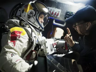 Pilot Felix Baumgartner of Austria and life support engineer Mike Todd of the United States seen during the egress training for Red Bull Stratos, a mission to the edge of space to break the speed of sound in freefall in Lancaster, California, USA on February 23 2012.