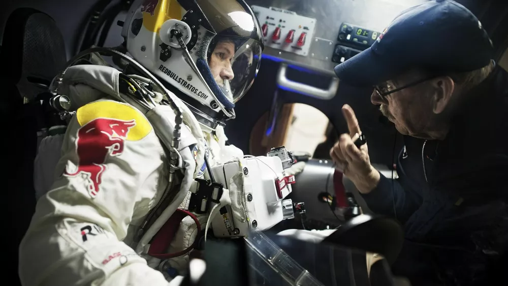 Pilot Felix Baumgartner of Austria and life support engineer Mike Todd of the United States seen during the egress training for Red Bull Stratos, a mission to the edge of space to break the speed of sound in freefall in Lancaster, California, USA on February 23 2012.