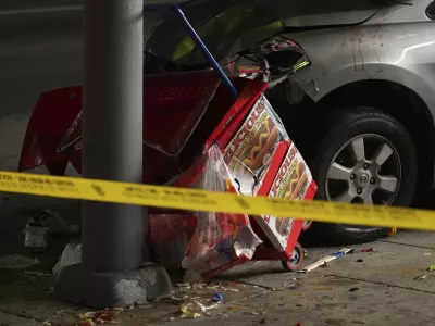 An area is roped off after a vehicle rammed into a crowd of people waiting to enter a nightclub along a busy boulevard in Los Angeles early Saturday, July 19, 2025, injuring several people. (AP Photo/Damian Dovarganes)