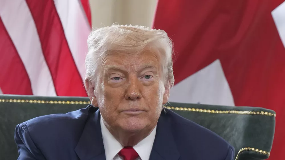 President Donald Trump speaks with the media during a meeting with Britain's Prime Minister Keir Starmer at the Trump Turnberry golf course in Turnberry, Scotland Monday, July 28, 2025. (AP Photo/Jacquelyn Martin)