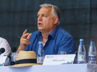 Hungarian Prime Minister Viktor Orban delivers a speech to ethnic Hungarians, at Balvanyos Summer University, in Baile Tusnad, Romania, July 26, 2025. Inquam Photos/Tudor Pana via REUTERS ATTENTION EDITORS - THIS IMAGE WAS PROVIDED BY A THIRD PARTY. ROMANIA OUT. NO COMMERCIAL OR EDITORIAL SALES IN ROMANIA