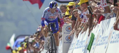 Slovenia's Primoz Roglic climbs during the thirteenth stage of the Tour de France cycling race, an individual time-trial over 10.5 kilometers (6.5 miles) in the Pyrenees mountains with start in Loudenvielle and finish in Peyragudes, France, Friday, July 18, 2025. (AP Photo/Thibault Camus)