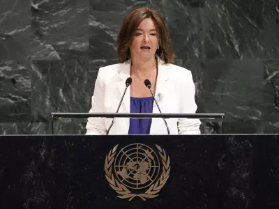 Slovenia Deputy Prime Minister and Foreign Minister Tanja Fajon addresses the United Nations General Assembly, Monday, July 28, 2025. (AP Photo/Richard Drew)