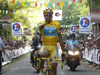Spanish cyclist for the Astana team, Alberto Contador crosses the finish line to win the Criterium International de Castillon cycling classic in Castillon-la-Bataille, southwestern France, Tuesday, Aug. 3, 2010. Three-time winner of the Tour de France, Contador, has decided to join Bjarne Riis's Team Saxo Bank on a two-year deal. (AP Photo/Bob Edme)