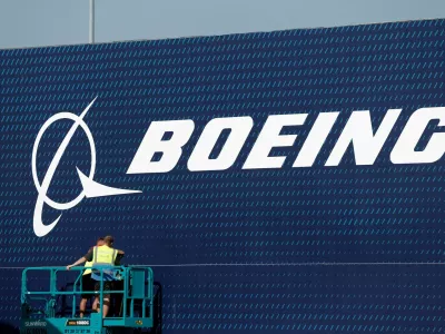 FILE PHOTO: A Boeing logo is seen before the opening of the 55th International Paris Airshow at Le Bourget Airport near Paris, France, June 13, 2025. REUTERS/Benoit Tessier/File Photo