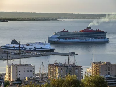 Palma de Mallorca Grimaldi lines and Virgin Voyages cruise ships in the harbour, Majorca Balearic island, Spain.,Image: 951266394, License: Rights-managed, Restrictions:, Model Release: no