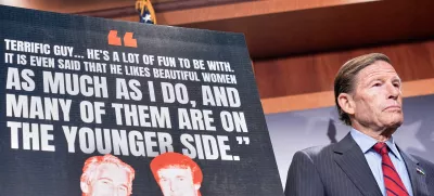 Sen. Richard Blumenthal, D-Conn., listens during a news conference about the Jeffrey Epstein files, Wednesday, July 30, 2025, at the Capitol in Washington. (AP Photo/Mariam Zuhaib)