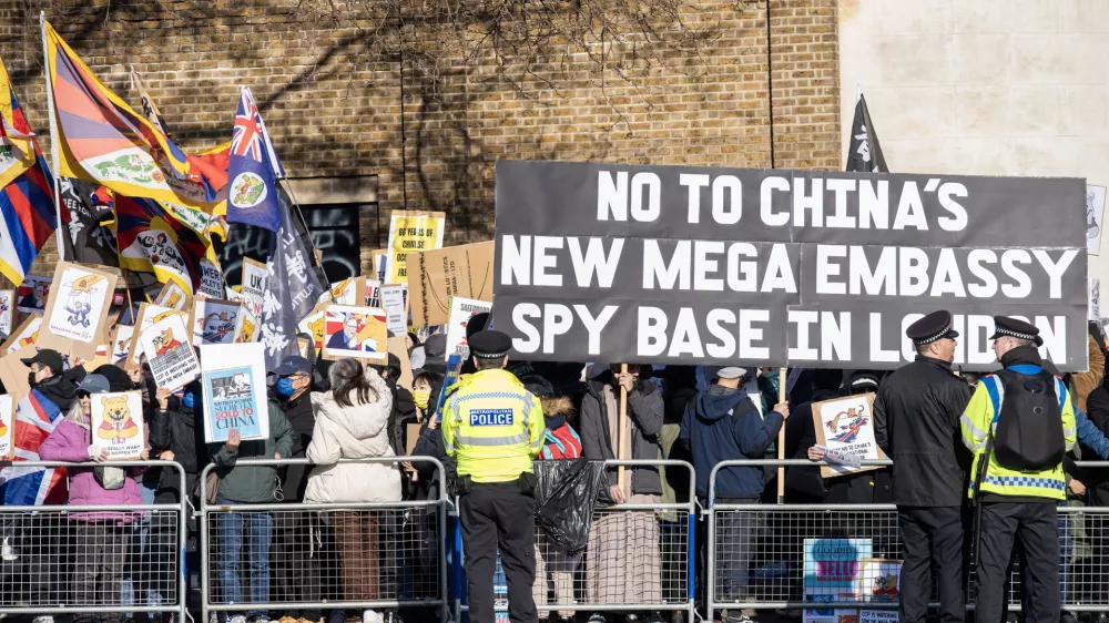 March 15, 2025, London, England, United Kingdom: Thousands of Hong Kongers, Taiwanese, Tibetans, Uyghurs and supporters gathered by the historic former Royal Mint Court in London to protest against the plan to move the Chinese Embassy to this historical site. Protesters says the Chinese Government is not trustworthy and going to use the embassy to spy on Britain. Along it will be the largest Chinese Embassy in whole Europe. (Credit Image: © Krisztian Elek/ZUMA Press Wire)