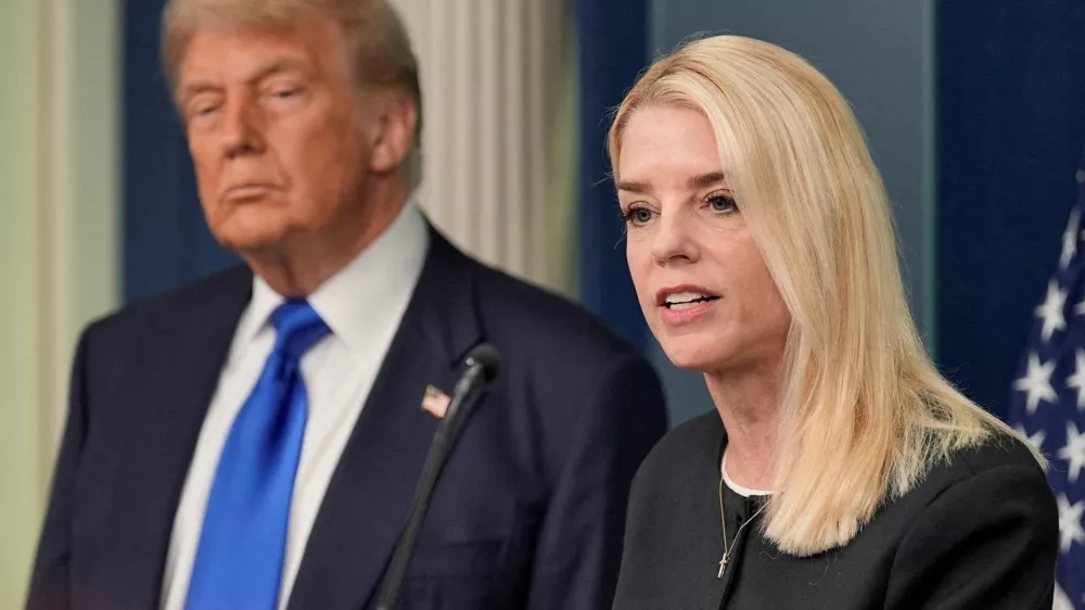 FILE PHOTO: U.S. Attorney General Pam Bondi speaks to the media, in the Press Briefing Room at the White House in Washington D.C., June 27, 2025. REUTERS/Ken Cedeno//File Photo