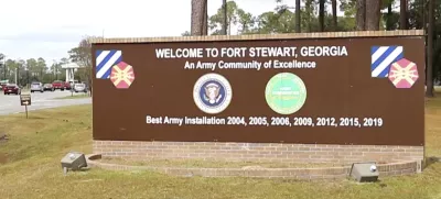 This image from video provided by the U.S. Army via DVIDS shows the entrance to Fort Stewart in Georgia on Nov. 18, 2021. (Staff Sgt. Daniel Guerrero/U.S. Army via AP)