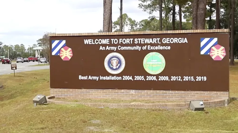 This image from video provided by the U.S. Army via DVIDS shows the entrance to Fort Stewart in Georgia on Nov. 18, 2021. (Staff Sgt. Daniel Guerrero/U.S. Army via AP)