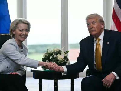 (FILES) US President Donald Trump (R) shakes hands with European Commission President Ursula von der Leyen (L) after agreeing on a trade deal between the two economies following their meeting, in Turnberry south west Scotland on July 27, 2025, on the third day of his visit to the country, since his second tenure as President began. US President Donald Trump ordered the reimposition of tariffs on dozens of trading partners on July 31, 2025 -- his cornerstone strategy for reshaping global trade to benefit the US economy. However in a minor reprieve, the White House said the measures will take effect in a week, not on August 1 as previously expected.,Image: 1027041292, License: Rights-managed, Restrictions:, Model Release: no / Foto: Profimedia