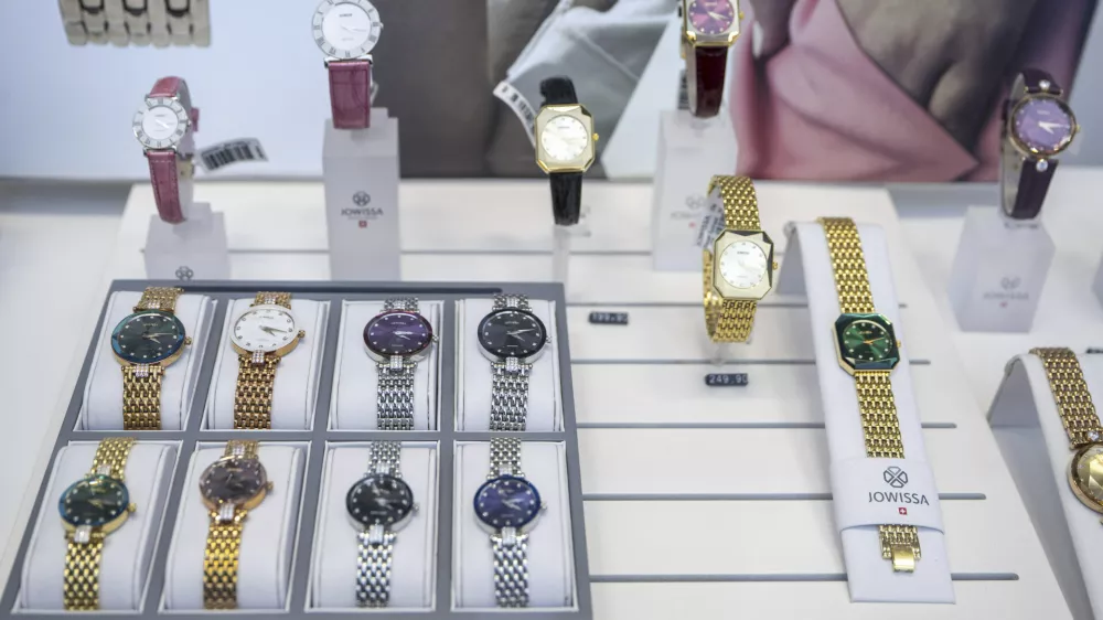 FILE - Swiss watches from the Jowissa brand are displayed in the window of a watch shop on Grendelstrasse in Lucerne's old town on Wednesday, April 16, 2025. (Urs Flueeler/Keystone via AP)