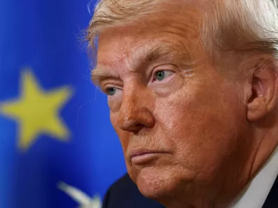 FILE PHOTO: U.S. President Donald Trump looks on during a meeting with European Commission President Ursula von der Leyen (not pictured), after an announcement of a trade deal between the U.S. and EU, in Turnberry, Scotland, Britain, July 27, 2025. REUTERS/Evelyn Hockstein/File Photo