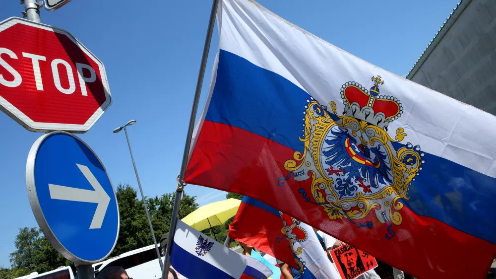 ﻿protest Ukrajincev, ki živijo v Sloveniji - domobranska zastava - - Kranjska deželna zastava - grb dežele Kranjske - moder orel z rdečimi nogami - - 30.07.2016 - Obisk predsednika Rusije Vladimirja Putina v Sloveniji - Foto: Tomaž Skale / Foto: Tomaž Skale