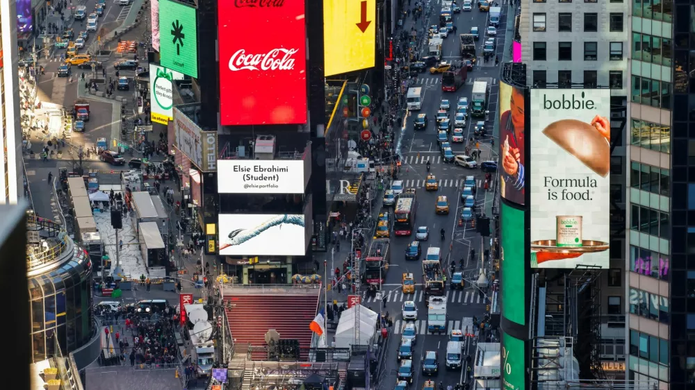 General view of Times Square while organizers do a ball-drop test for the upcoming New Year's Eve celebration in New York City, U.S., December 30, 2024. REUTERS/Eduardo Munoz