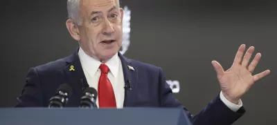 Israeli Prime Minister Benjamin Netanyahu speaks during a press conference at the Prime minister's office in Jerusalem, Sunday, Aug. 10, 2025. (Abir Sultan/Pool Photo via AP)