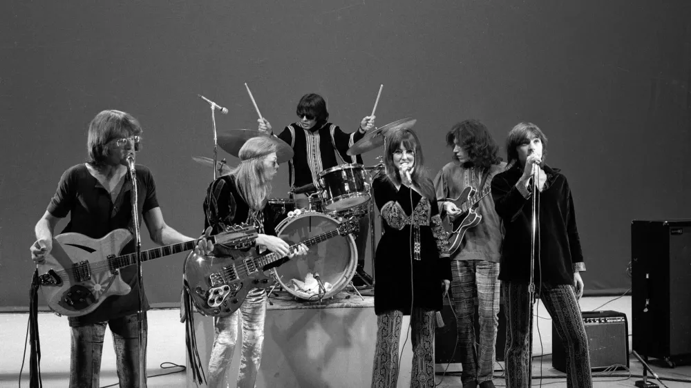 American psychedelic rock band Jefferson Airplane performs on an episode of the CBS Television variety show 'The Ed Sullivan Show,' New York, New York, September 29, 1968. From left, the band consist of co-founder Paul Kantner, bassist Jack Casady, drummer Spencer Dryden (1938 - 2005), lead singer Grace Slick, guitarist Jorma Kaukonen, and co-founder Marty Balin. (Photo by CBS Photo Archive/Getty Images)