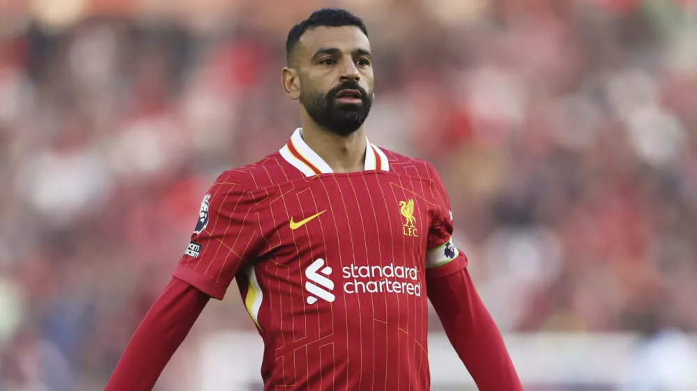 FILE - Liverpool's Mohamed Salah during the English Premier League soccer match between Brighton and Liverpool at American Express Stadium in Brighton, England, Monday, May 19, 2025. (AP Photo/Ian Walton, File)