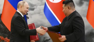 FILE - Russian President Vladimir Putin, left, and North Korea's leader Kim Jong Un exchange documents during a signing ceremony of the new partnership in Pyongyang, North Korea, on June 19, 2024. (Kristina Kormilitsyna, Sputnik, Kremlin Pool Photo via AP, File)