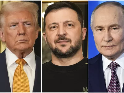 FILE - In this combination of file photos, U.S. President Donald Trump, left, and Ukraine's President Volodymyr Zelenskyy, center, are seen at the Elysee Palace, Dec. 7, 2024 in Paris, and Russian President Vladimir Putin addresses a Technology Forum in Moscow on Feb. 21, 2025. (AP Photo/Aurelien Morissard, left and center, Pavel Bednyakov, right, File)