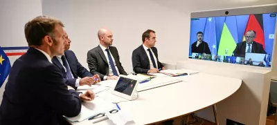 French President Emmanuel Macron, Antonio Costa, President of the European Council, French Minister for Europe and Foreign Affairs Jean-Noel Barrot, and France's Minister of Armed Forces Sebastien Lecornu attend a video conference with Ukraine's President Volodymyr Zelensky and German Chancellor Friedrich Merz to discuss the ongoing war in Ukraine, at Fort de Bregancon in Bormes-les-Mimosas, France, 13 August 2025. PHILIPPE MAGONI/Pool via Reuters