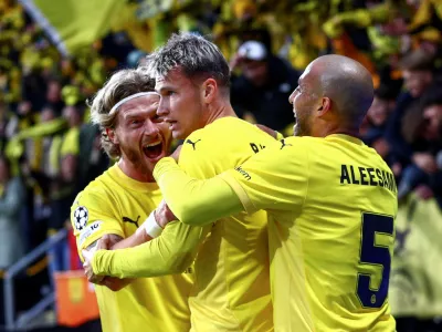 Soccer Football - UEFA Champions League - Play Off - First Leg - Bodo/Glimt v SK Sturm Graz - Aspmyra Stadion, Bodo, Norway - August 20, 2025 Bodo/Glimt's Odin Bjortuft celebrates scoring their second goal with teammates Mats Torbergsen/NTB via REUTERS  ATTENTION EDITORS - THIS IMAGE WAS PROVIDED BY A THIRD PARTY. NORWAY OUT. NO COMMERCIAL OR EDITORIAL SALES IN NORWAY.