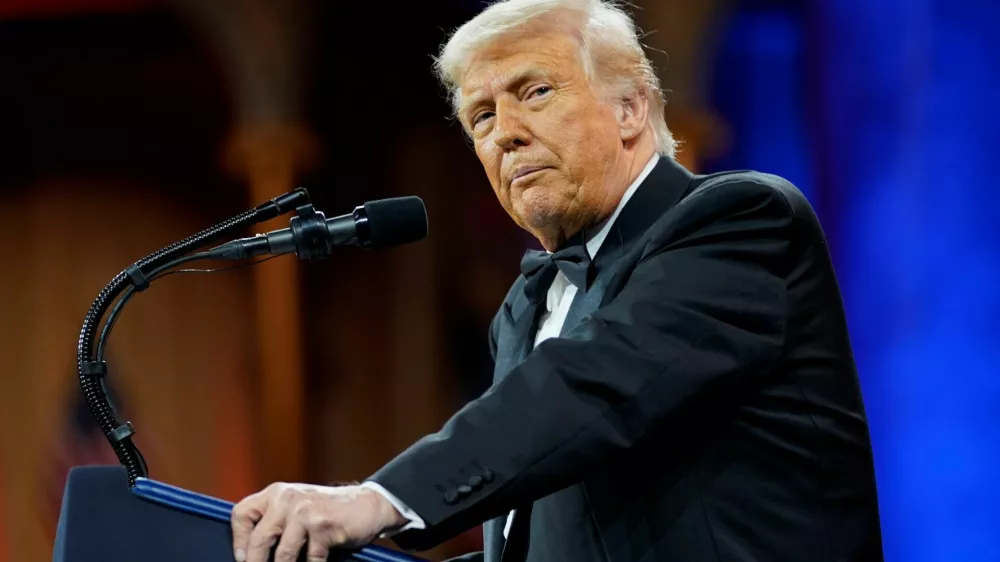 U.S. President Donald Trump attends the National Republican Congressional Committee (NRCC) dinner at the National Building Museum in Washington, D.C., U.S., April 8, 2025. REUTERS/Nathan Howard