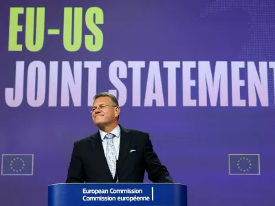 European Commissioner for Trade Maros Sefcovic reacts as he addresses the media on the EU-US trade deal, in Brussels, Belgium, August 21, 2025. REUTERS/Yves Herman