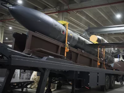 Flamingo missiles are seen at Fire Point's secret factory in Ukraine on Thursday, Aug. 14, 2025. (AP Photo/Efrem Lukatsky)