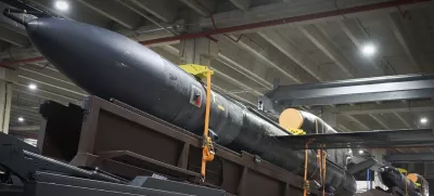 Flamingo missiles are seen at Fire Point's secret factory in Ukraine on Thursday, Aug. 14, 2025. (AP Photo/Efrem Lukatsky)