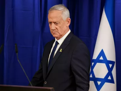Israeli Minister Benny Gantz looks on, on the day he addresses the media after his ultimatum to withdraw his centrist party from Israeli Prime Minister Benjamin Netanyahu's emergency government expired, in Ramat Gan, Israel June 9, 2024. REUTERS/Nir Elias