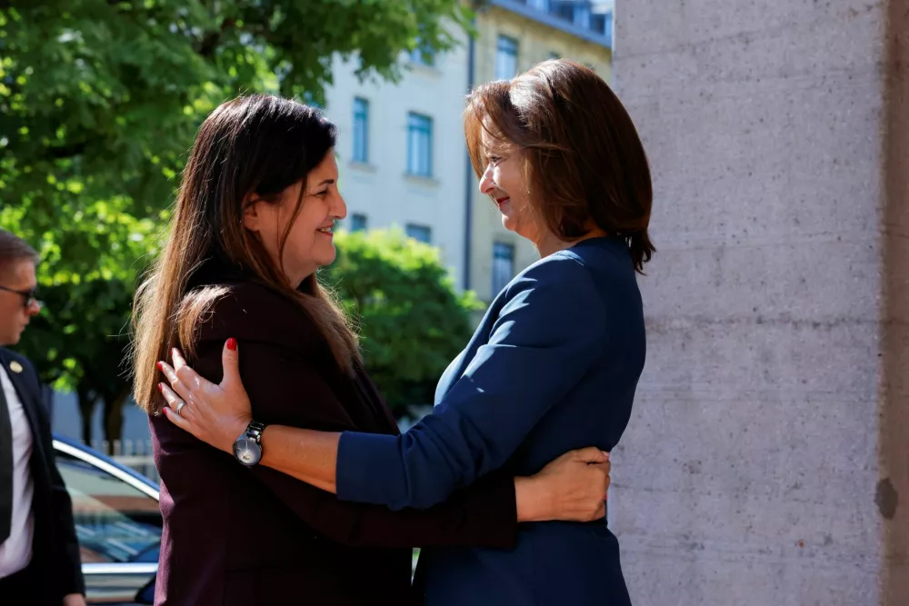 Palestinian Foreign Minister Varsen Aghabekian Shahin meets with Slovenian Foreign Minister Tanja Fajon in Ljubljana, Slovenia, August 25, 2025. REUTERS/Borut Zivulovic