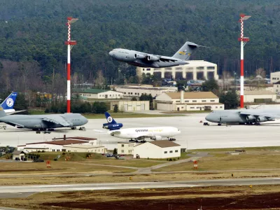 ** FILE ** U.S. Air Base Ramstein in Germany in this April 3, 2003 file photo. The German government has a list of more than 400 overflights and landings by planes suspected of being used by the CIA, a magazine reported Saturday, Dec. 3, 2005, prompting an opposition party to demand that it seek a "comprehensive explanation" from Washington. The weekly Der Spiegel, which said the list _ drawn up by air traffic control _ showed at least 437 flights passed over or through Germany. (AP Photo/Michael Probst)