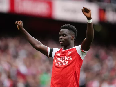 23 August 2025, United Kingdom, London: Arsenal's Bukayo Saka celebrates scoring his side's second goal during the English Premier League soccer match between Arsenal and Leeds United at the Emirates Stadium. Photo: John Walton/PA Wire/dpa