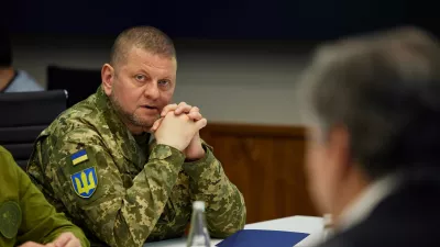 Commander-in-Chief of the Armed Forces of Ukraine Valeriy Zaluzhnyi attends a meeting with Ukraine's President Volodymyr Zelenskiy, U.S. Secretary of State Antony Blinken and U.S. Defense Secretary Lloyd Austin, as Russia's attack on Ukraine continues, in Kyiv, Ukraine April 24, 2022. Picture taken April 24, 2022. Ukrainian Presidential Press Service/Handout via REUTERS ATTENTION EDITORS - THIS IMAGE HAS BEEN SUPPLIED BY A THIRD PARTY.