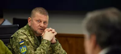 Commander-in-Chief of the Armed Forces of Ukraine Valeriy Zaluzhnyi attends a meeting with Ukraine's President Volodymyr Zelenskiy, U.S. Secretary of State Antony Blinken and U.S. Defense Secretary Lloyd Austin, as Russia's attack on Ukraine continues, in Kyiv, Ukraine April 24, 2022. Picture taken April 24, 2022. Ukrainian Presidential Press Service/Handout via REUTERS ATTENTION EDITORS - THIS IMAGE HAS BEEN SUPPLIED BY A THIRD PARTY.