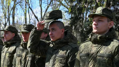 Russian conscripts called up for military service line up during a ceremony before their departure for garrisons, in Bataysk in the Rostov region, Russia, April 10, 2025. REUTERS/Sergey Pivovarov