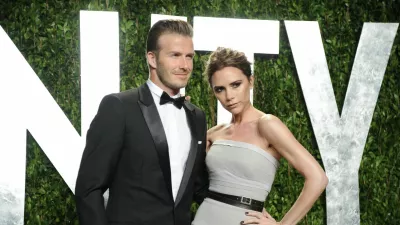 David Beckham and Victoria Beckham arrive at the Vanity Fair Oscar party on Sunday, Feb. 26, 2012, in West Hollywood, Calif. (AP Photo/Evan Agostini)